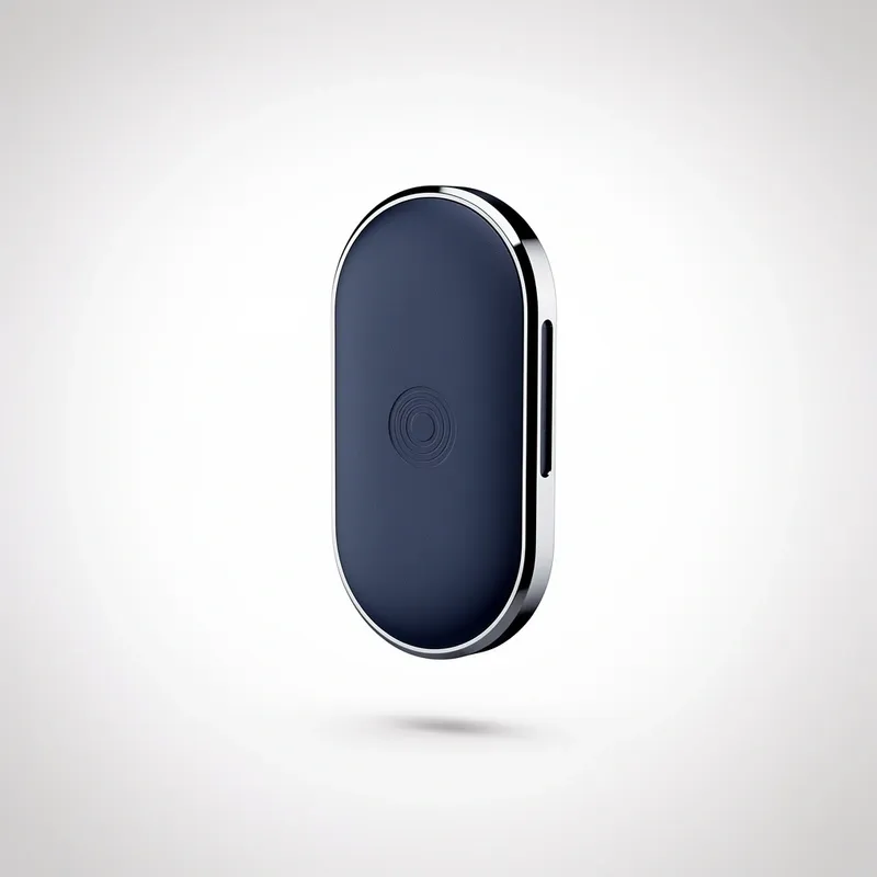 Tag NFC SmarterTag flotando — azul marino mate con borde metálico
