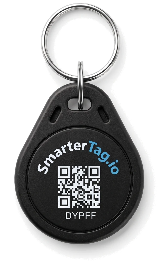 Llavero SmarterTag: cuerpo negro mate, anillo de acero inoxidable, código QR y código DYPFF