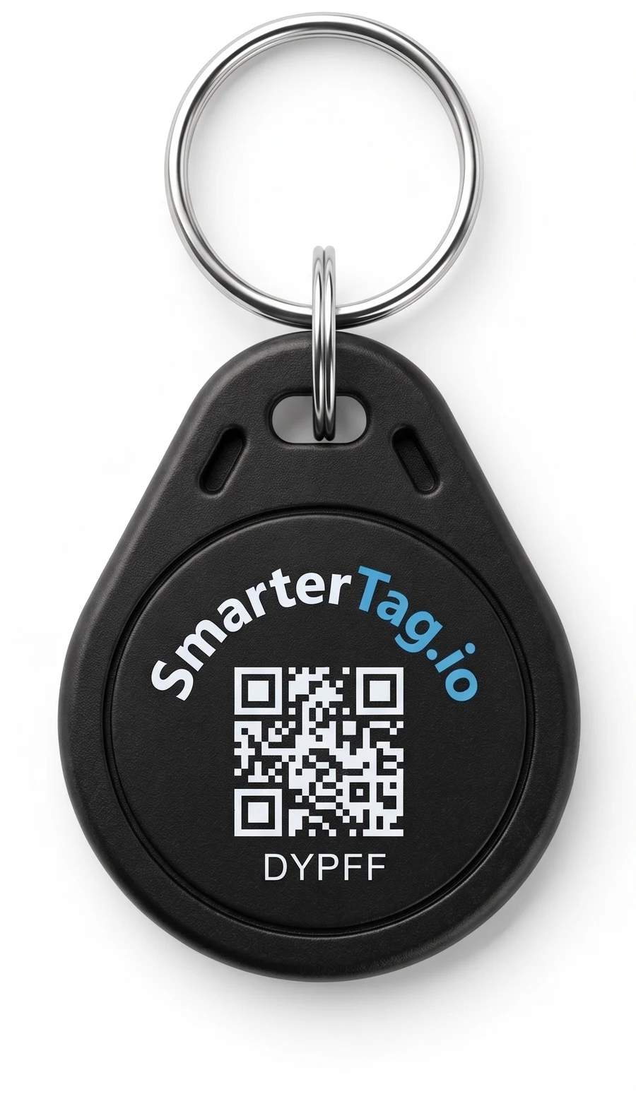 Llavero SmarterTag real: cuerpo negro mate con anillo de acero inoxidable