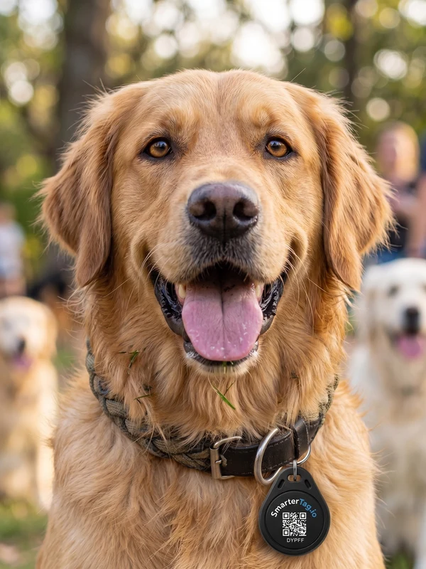 Golden retriever con el llavero SmarterTag en el collar, con el código DYPFF a la vista